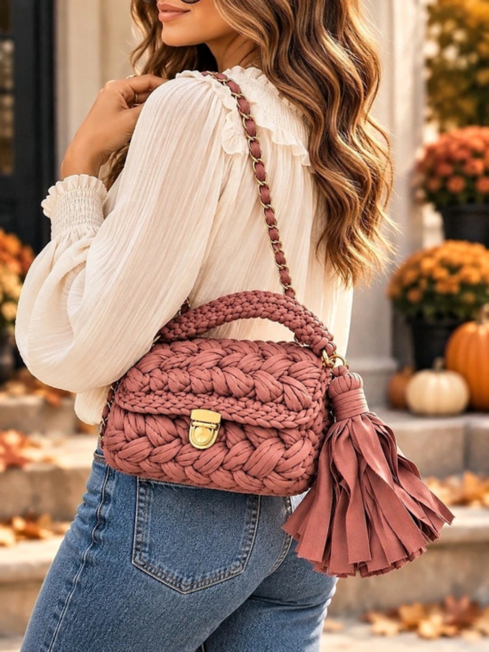 Dusty Rose Chunky Woven Crossbody Bag Gold Chain Tassel Purse